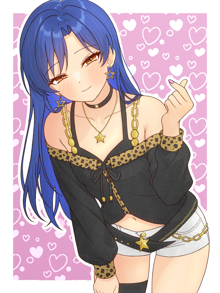 1girl, 82k_mugi, absurdres, animal_print, belt, black_belt, black_choker, black_shirt, black_thighhighs, blue_hair, blush, border, brown_eyes, choker, closed_mouth, collarbone, cowboy_shot, earrings, fingernails, gyaru, half-closed_eyes, hand_on_own_thigh, hand_up, heart, heart_background, highres, idolmaster, idolmaster_(classic), idolmaster_million_live!, idolmaster_million_live!_theater_days, jewelry, kisaragi_chihaya, leaning_forward, leopard_print, long_hair, long_sleeves, looking_at_viewer, midriff, nail_polish, navel, necklace, onitsuyo_mind_(idolmaster), outline, outside_border, pink_background, pink_nails, shirt, short_shorts, shorts, single_thighhigh, smile, solo, standing, star_(symbol), star_earrings, star_necklace, thighhighs, white_border, white_outline, white_shorts