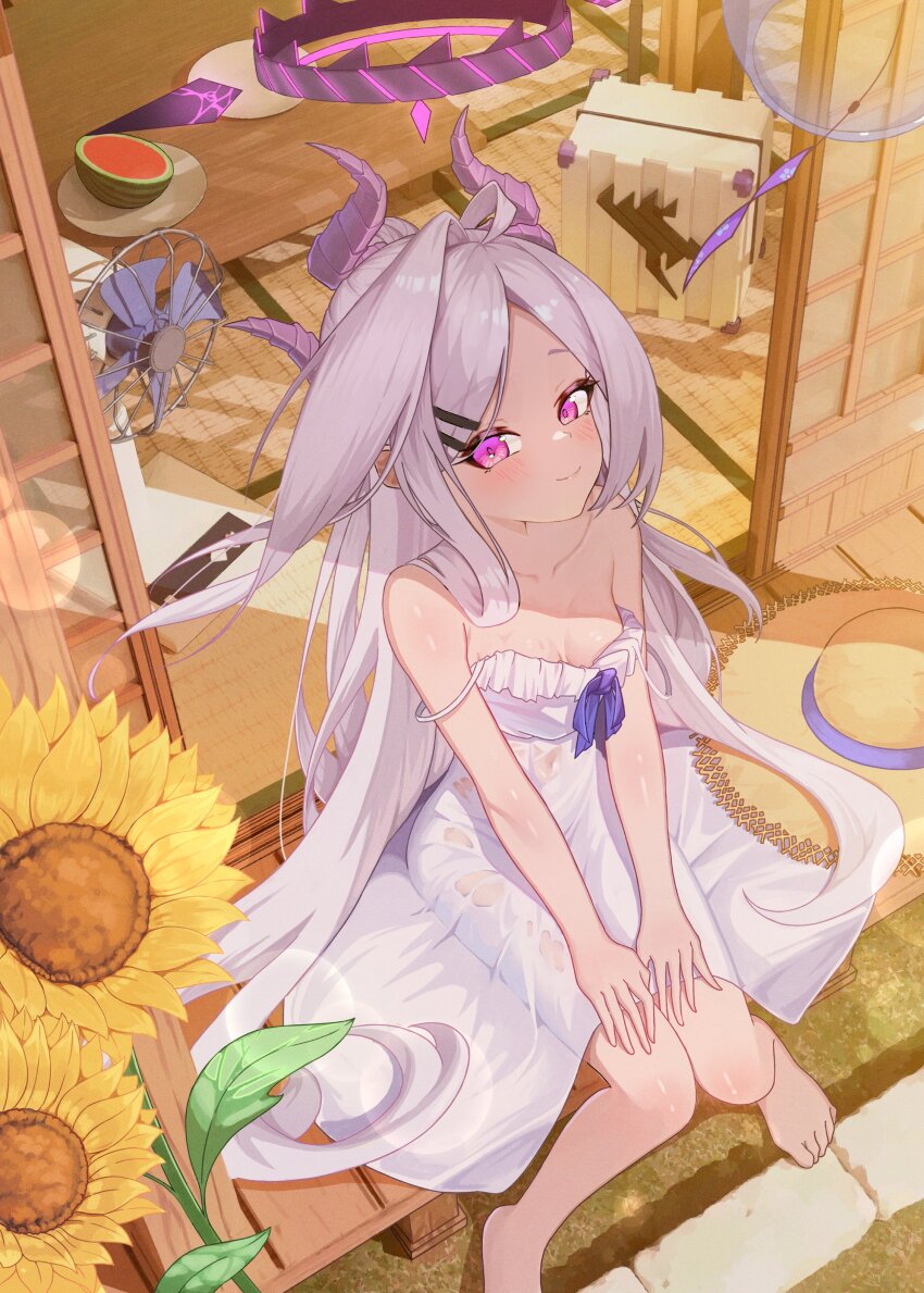 1girl, absurdres, bare_legs, bare_shoulders, barefoot, black_halo, blue_archive, blush