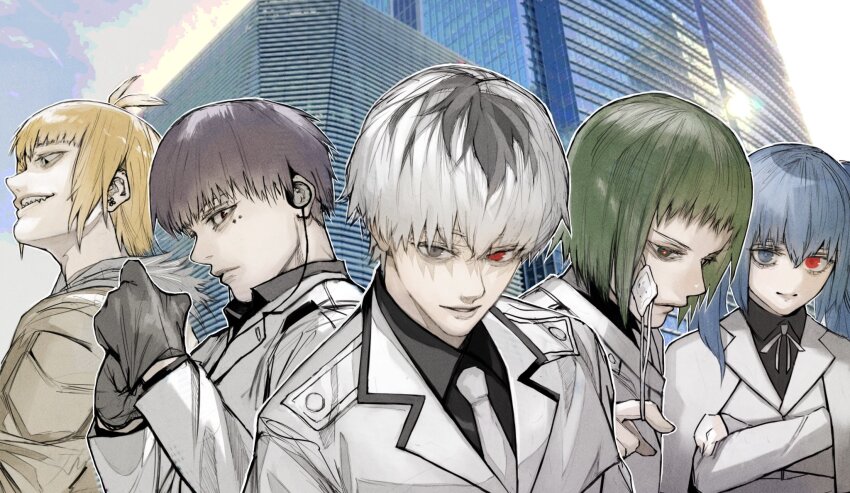 2girls, antenna_hair, black_gloves, black_hair, black_shirt, blonde_hair, blue_eyes, blue_hair