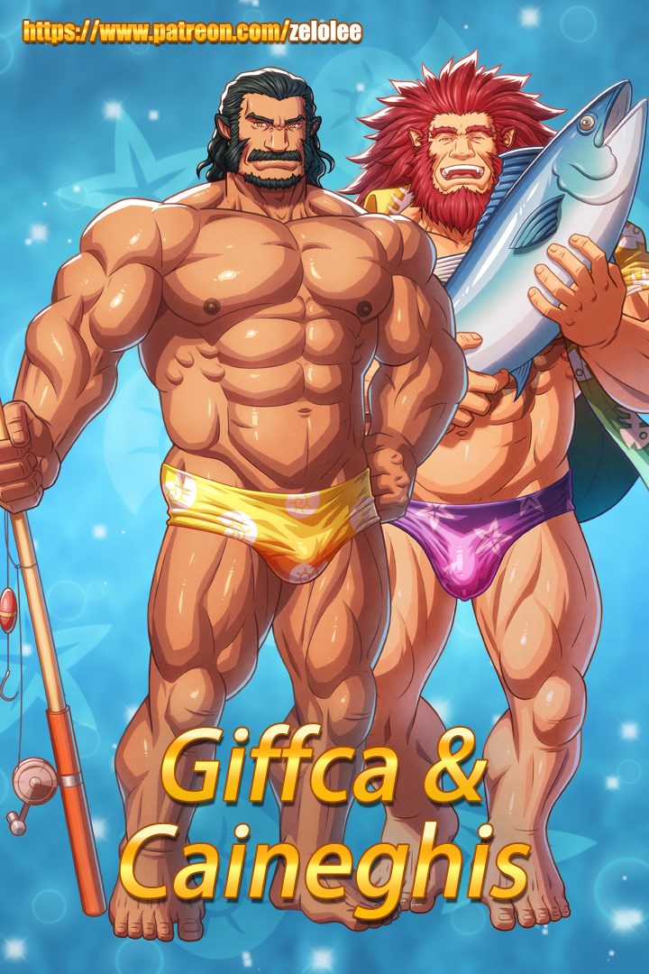 2boys, abs, alternate_costume, animal, animal_ears, bad_id, bad_twitter_id, bara