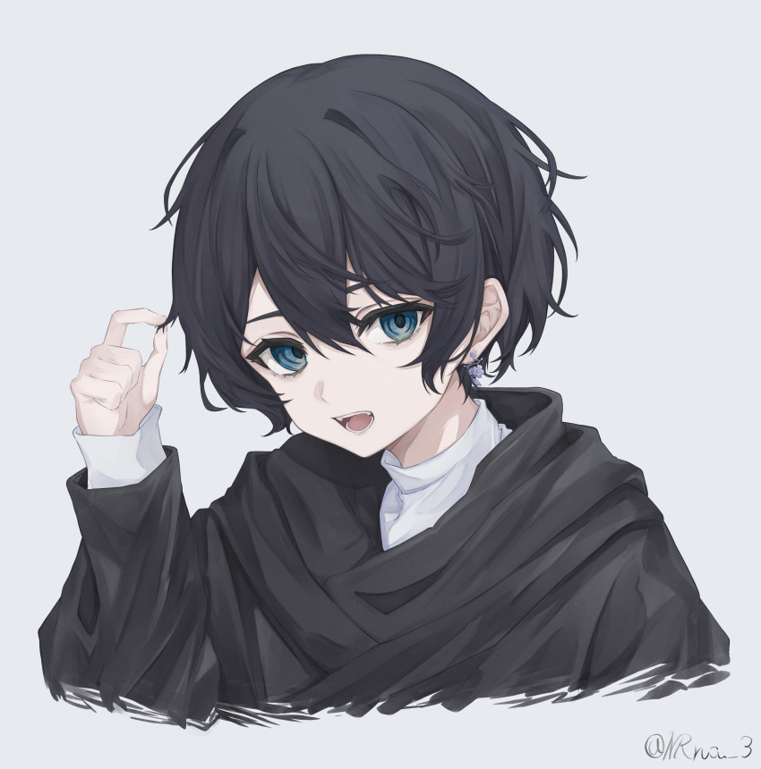 1boy, absurdres, black_cloak, black_hair, blue_eyes, cloak, earrings, grey_background