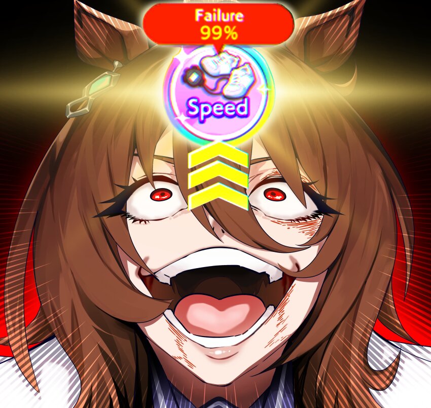 1girl, absurdres, agnes_tachyon_(umamusume), animal_ears, archimedesu99, brown_hair, earrings, highres