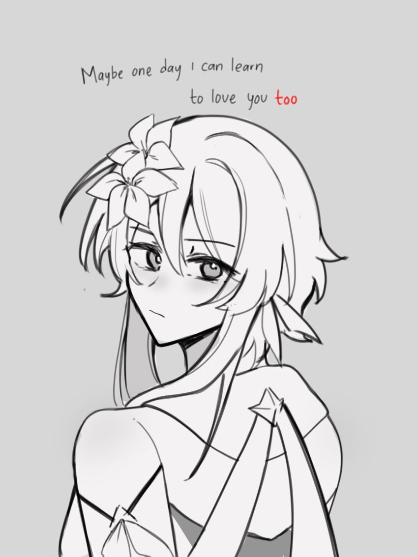 1girl, alphastroo, closed_mouth, detached_sleeves, dress, english_text, eyelashes, feather_hair_ornament