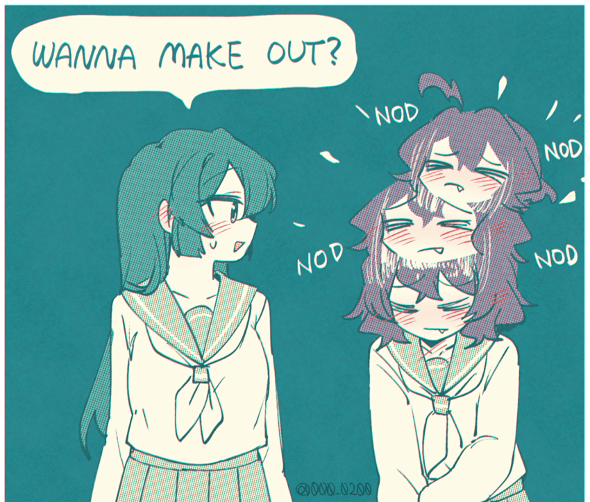 2girls, afterimage, ahoge, an_sin, blush, brown_hair, closed_eyes, commentary, english_text, fang, green_hair, hiiragi_utena, hiiragi_utena's_school_uniform, long_hair, looking_at_another, mahou_shoujo_ni_akogarete, medium_hair, meme, minakami_sayo, multiple_girls, neckerchief, nodding, pleated_skirt, sail, school_uniform, serafuku, simple_background, skirt, speech_bubble, twitter_username, upper_body, wanna_make_out?_(meme), yuri