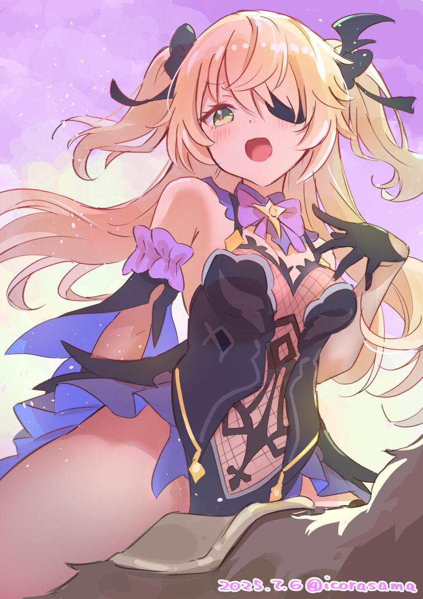 1girl, absurdres, animal, black_gloves, blonde_hair, breasts, dated, eyepatch, fischl_(genshin_impact), genshin_impact, gloves, green_eyes, highres, horse, horseback_riding, icorasama, long_hair, looking_at_viewer, medium_breasts, open_mouth, riding, solo, twitter_username, two_side_up