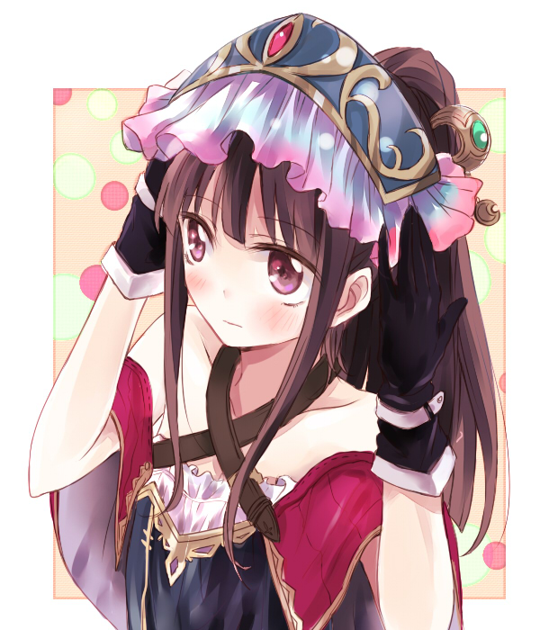 1girl, atelier_(series), atelier_totori, bare_shoulders, black_gloves, black_hair, blush, cosplay