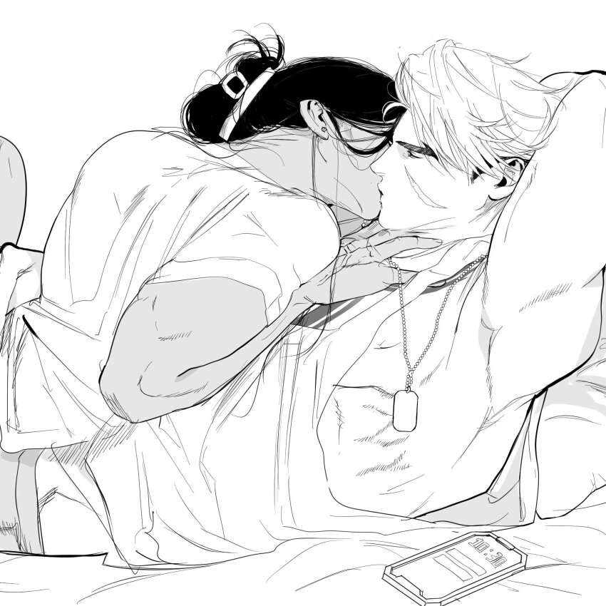 2boys, alsonotdon, arms_up, bare_shoulders, cellphone, chest_tattoo, dog_tags, earrings, facial_scar, forked_eyebrows, greyscale, hair_ornament, hair_up, hairclip, hand_on_another's_chest, highres, jamie_siu, jewelry, kiss, luke_sullivan, lying, lying_on_person, male_focus, midriff_peek, monochrome, multicolored_hair, multiple_boys, muscular, muscular_male, phone, piercing, scar, scar_on_cheek, scar_on_face, shirt, short_sideburns, short_sleeves, sideburns, simple_background, sketch, street_fighter, street_fighter_6, stud_earrings, tank_top, tattoo, two-tone_hair, upper_body, white_background, yaoi