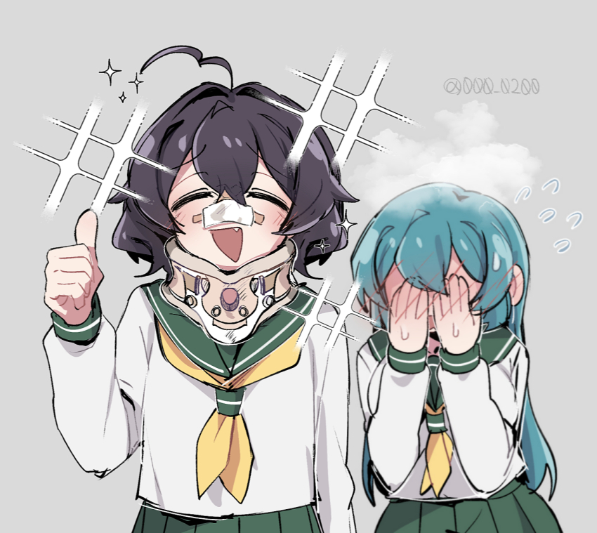 2girls, ahoge, an_sin, bandage_on_nose, black_hair, blue_hair, blush, closed_eyes, commentary, covering_own_eyes, fang, flying_sweatdrops, gf_sat_on_my_face_too_hard_(meme), grey_background, highres, hiiragi_utena, hiiragi_utena's_school_uniform, long_hair, mahou_shoujo_ni_akogarete, medium_hair, meme, minakami_sayo, multiple_girls, neck_brace, open_mouth, school_uniform, simple_background, skirt, smile, thumbs_up, yuri