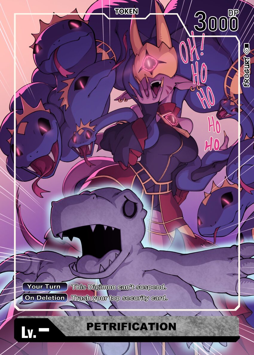 absurdres, agumon, black_sclera, claws, colored_sclera, crown, deumosden, digimon, digimon_(creature), digimon_card_game, earrings, glowing, glowing_eyes, highres, jewelry, laughing, mask, medusamon, ojou-sama_pose, open_mouth, petrification, red_eyes, sharp_teeth, snake, snake_hair, tail, teeth, token_(tcg)