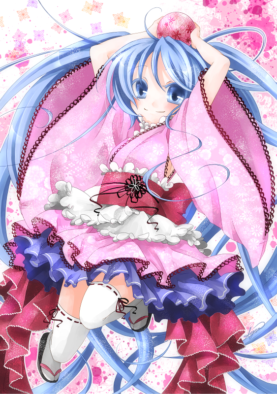 1girl, blue_eyes, blue_hair, female_focus, haruhi_ayame, hatsune_miku, japanese_clothes, kimono, kimono_skirt, long_hair, matching_hair/eyes, obi, sash, skirt, smile, solo, thighhighs, very_long_hair, vocaloid