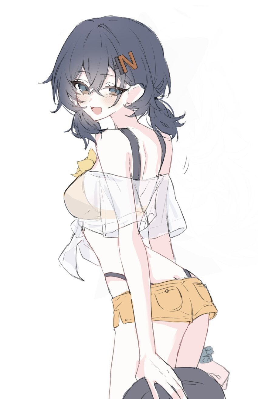 1girl, ame_amean, ass, belle_(summer_skies)_(zenless_zone_zero), belle_(zenless_zone_zero), from_behind, hair_ornament, highres