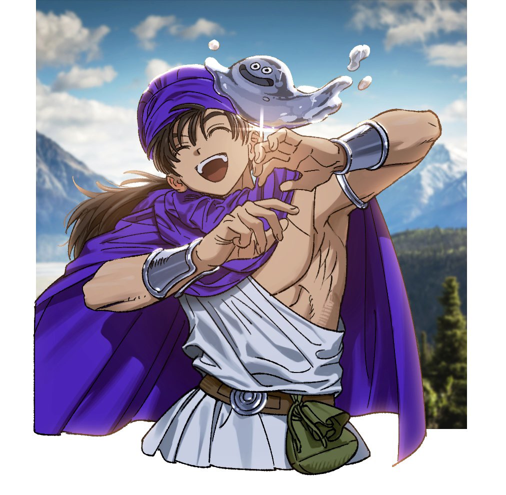 1boy, 1other, armlet, belt, black_hair, blue_sky, border, bracelet