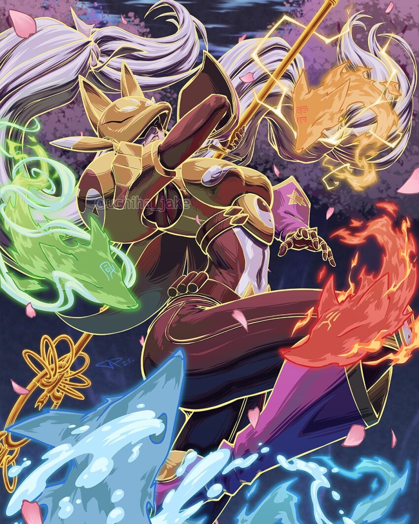 1girl, armor, black_bodysuit, bodysuit, breasts, cherry_blossoms, digimon, digimon_(creature)