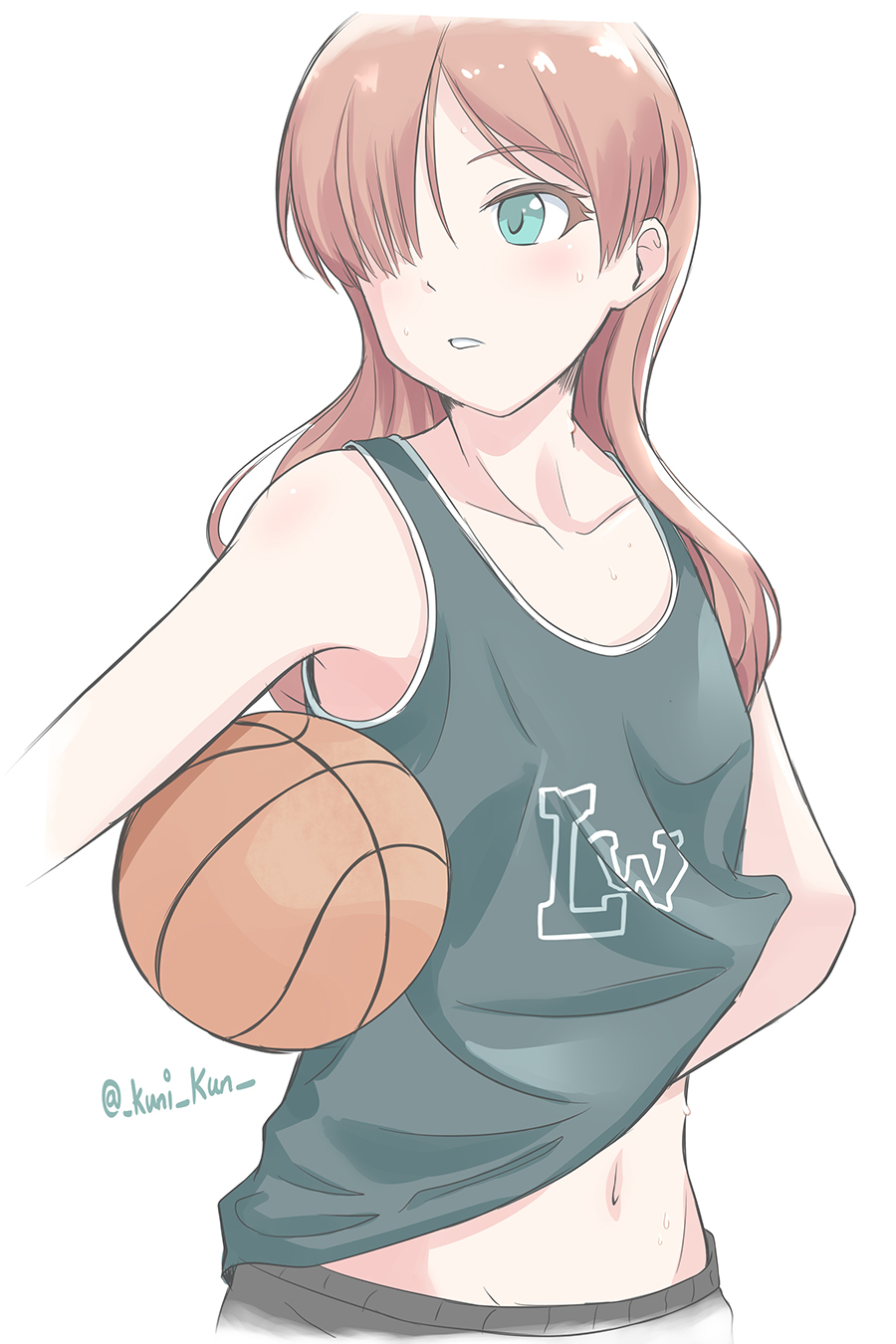 1girl, alternate_hair_length, alternate_hairstyle, ball, basketball_(object), blush, brown_hair, collarbone