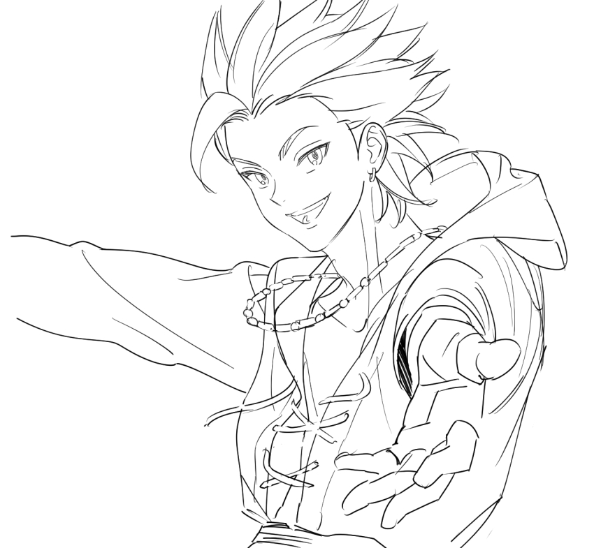 1boy, :d, bead_necklace, beads, camus_(dq11), cross-laced_clothes, dragon_quest, dragon_quest_xi, fingerless_gloves, floating_clothes, floating_neckwear, gloves, highres, jewelry, korean_commentary, looking_at_viewer, male_focus, monochrome, necklace, open_mouth, pg_pargon, reaching, reaching_towards_viewer, short_hair, single_bang, sketch, smile, solo, spiked_hair, tunic, upper_body, white_background