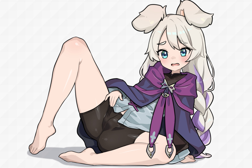 1girl, animal_ears, arm_support, barefoot, bike_shorts, black_shorts, blonde_hair, blue_eyes