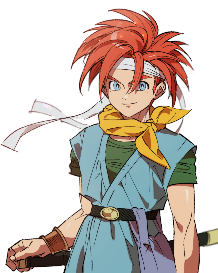 1boy, bag, belt, blue_eyes, blue_tunic, bracelet, chrono_trigger, crono_(chrono_trigger)
