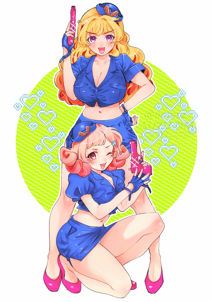 2girls, blonde_hair, blue_gloves, blue_skirt, blush, bracelet, breasts, filter-goshi_no_kanojo