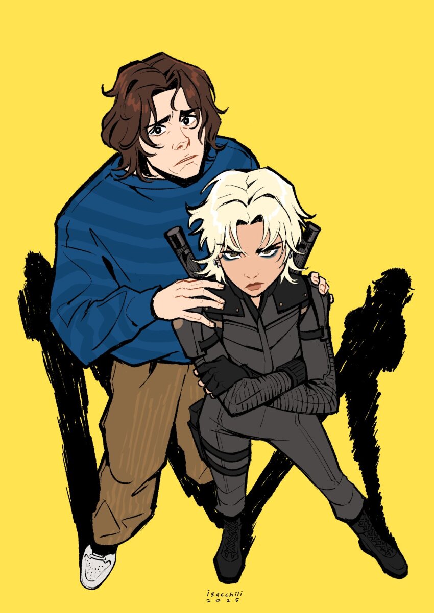 1boy, 1girl, animification, black_bodysuit, black_gloves, blonde_hair, bodysuit, brown_hair, closed_mouth, crossed_arms, fingerless_gloves, gloves, highres, isacchili, jewelry, long_sleeves, looking_at_viewer, marvel, pants, sentry_(marvel), short_hair, simple_background, superhero_costume, thunderbolts_(movie), yelena_belova