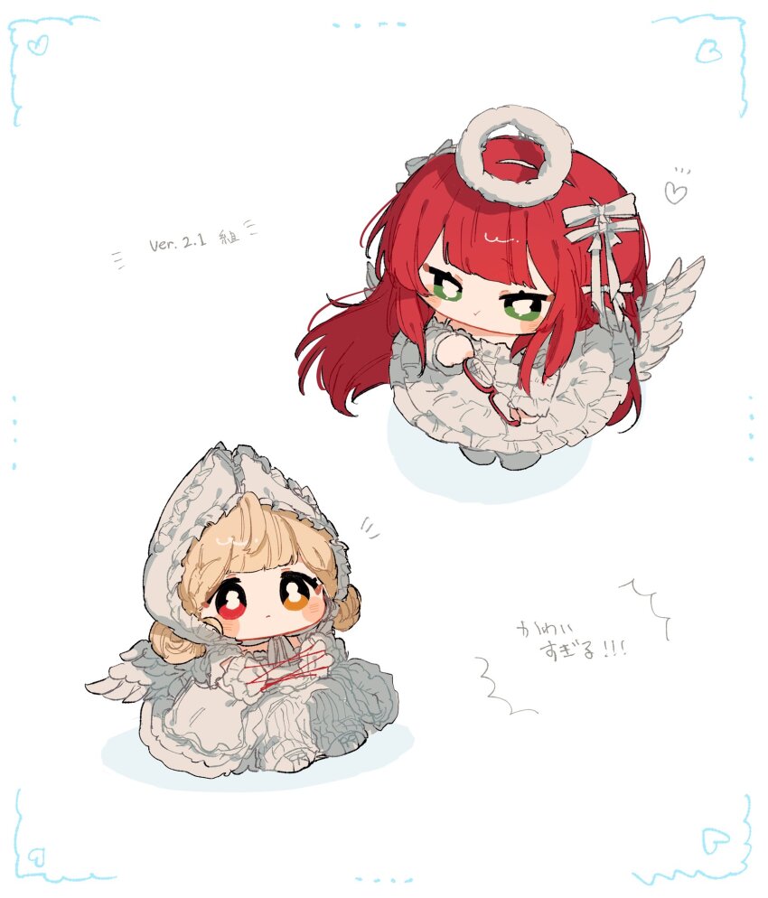 2girls, alice_thymefield, blonde_hair, chibi, chibi_only, do9_8ni8, dress, fake_wings, green_eyes, halo, highres, long_hair, multiple_girls, red_hair, simple_background, ukinami_yuzuha, veil, white_dress, white_halo, white_veil, white_wings, wings, zenless_zone_zero