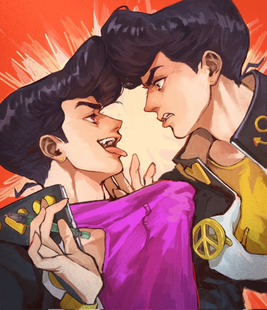 1boy, 1other, anchor_ornament, anger_vein, angry, black_hair, commentary_request, diamond_wa_kudakenai