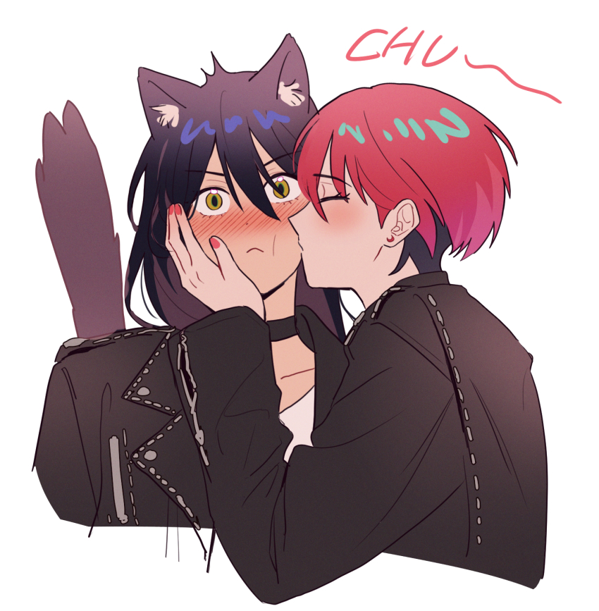 2girls, amate_yuzuriha, animal_ears, apt._(rose_&amp;_bruno_mars), black_choker, black_jacket, cat_ears, cat_girl