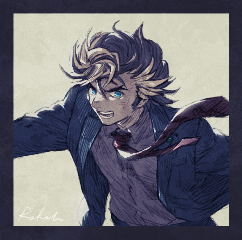 1boy, black_border, blazer, blood, blood_on_face, blue_eyes, border, brown_hair