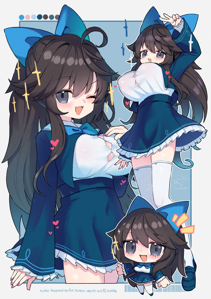 1girl, :d, ;d, ahoge, arm_up, barcode, blue_background, blue_bow