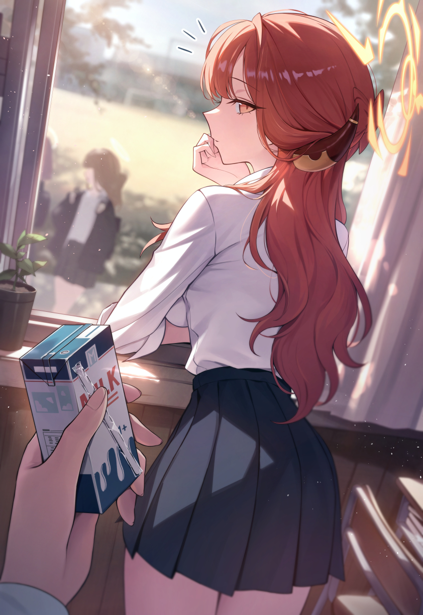 1other, 3girls, absurdres, against_windowsill, alternate_costume, aru_(blue_archive), blue_archive, chair, commentary, day, demon_horns, desk, dress_shirt, drink_carton, halo, hand_on_own_chin, highres, holding, holding_milk_carton, horns, indoors, long_hair, looking_back, milk_carton, multiple_girls, notice_lines, okkimon, orange_eyes, plant, pleated_skirt, potted_plant, pov, red_hair, school, school_chair, school_desk, school_uniform, shirt, sideways_glance, skirt, white_shirt, window