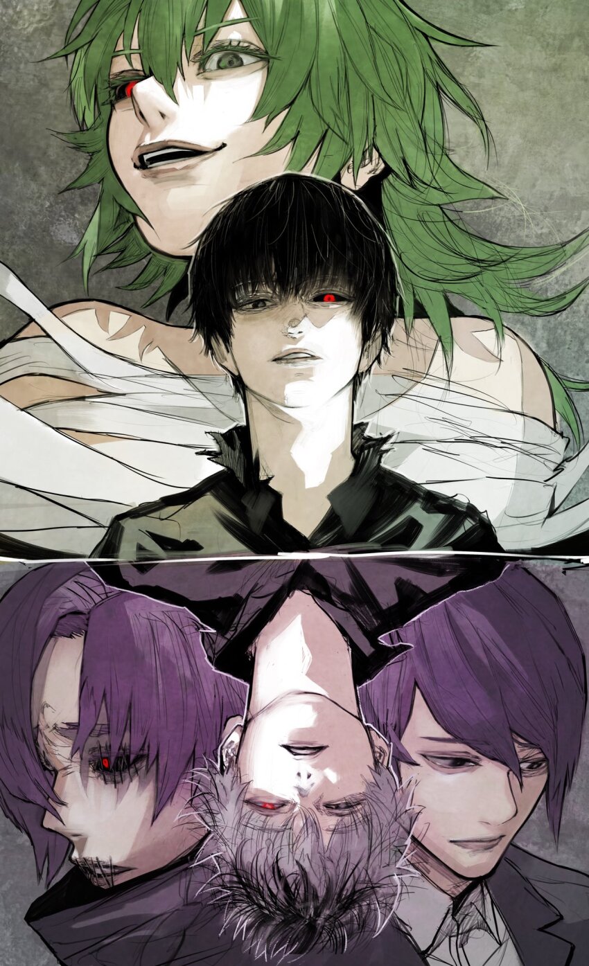 2girls, androgynous, bandaged_arm, bandaged_chest, bandaged_leg, bandages, black_hair, black_reaper, black_sclera, black_shirt, collared_shirt, colored_sclera, eto_(tokyo_ghoul), formal_clothes, green_hair, grey_background, grey_eyes, hair_over_one_eye, heterochromia, highres, kanae_von_rosewald, kaneki_ken, lips, long_hair, looking_at_viewer, mismatched_sclera, multicolored_hair, multiple_boys, multiple_girls, multiple_persona, multiple_views, naked_bandage, parted_lips, partially_shaded_face, purple_hair, purple_suit, red_eyes, sasaki_haise, shaded_face, shadow, shirt, short_hair, smile, stfr_(stfr_kaz), stitched_eye, stitched_mouth, stitches, suit, teeth, tokyo_ghoul, tokyo_ghoul:re, tsukiyama_shuu, two-tone_hair, white_hair