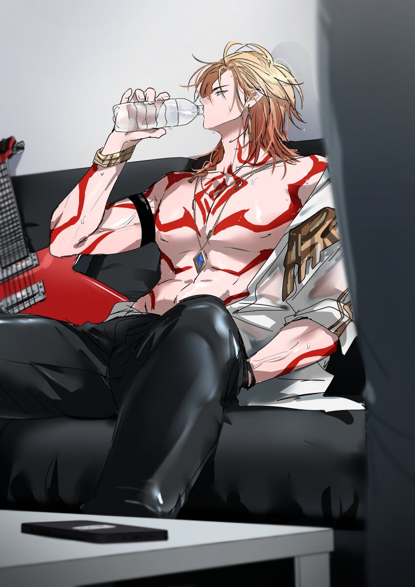 1boy, abs, absurdres, alternate_costume, arm_tattoo, armband, b_bcollector, bare_pectorals