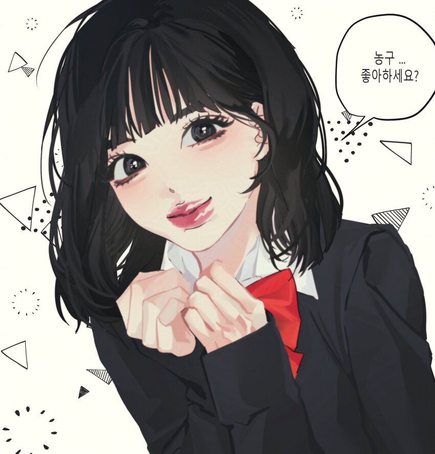 1girl, akagi_haruko, akagi_haruko_(cosplay), b_xbnh, black_hair, blunt_bangs, commentary_request, cosplay, eunha_(gfriend), eyelashes, gfriend, highres, k-pop, korean_commentary, korean_text, looking_at_viewer, medium_hair, pink_lips, real_life, school_uniform, shirt, slam_dunk_(series), smile, solo, translation_request, triangle, upper_body, viviz, white_shirt