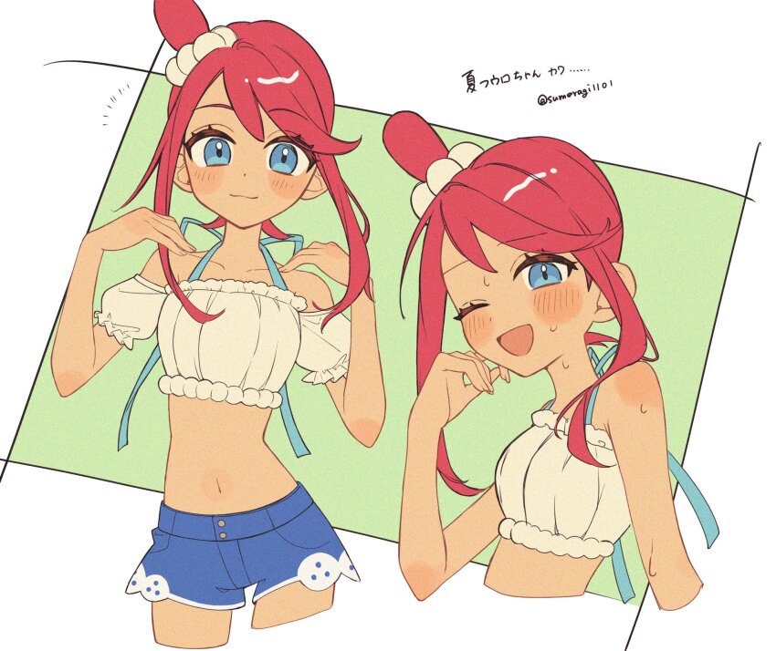 1girl, ;d, bare_shoulders, blue_eyes, blue_shorts, blush, closed_mouth, crop_top