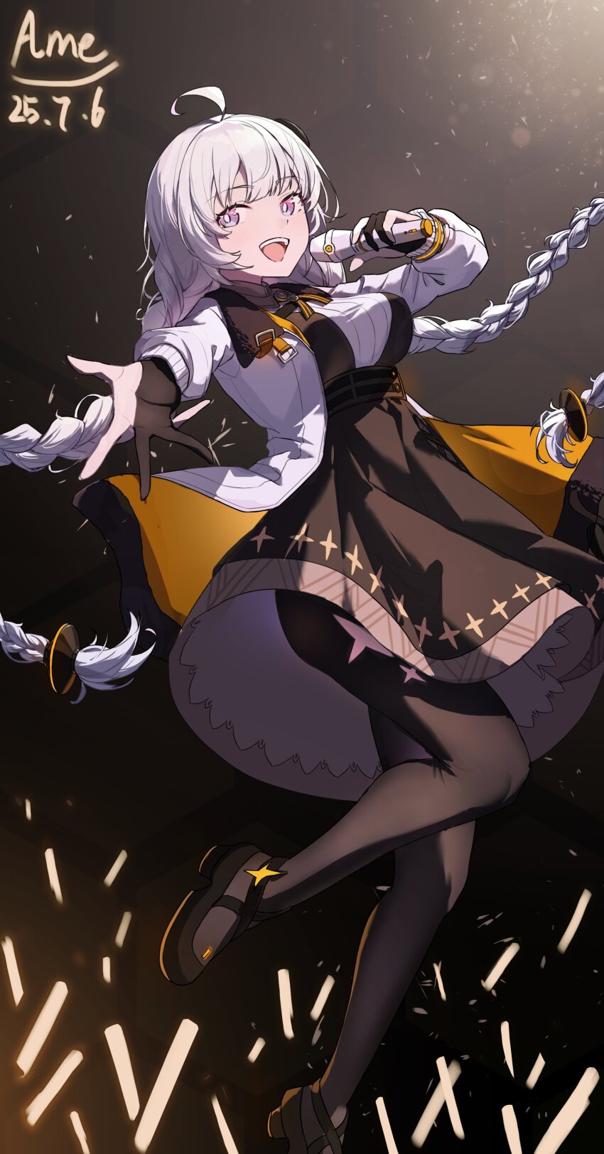 1girl, absurdres, ahoge, amely_elden, black_dress, black_gloves, black_pantyhose, black_shoes