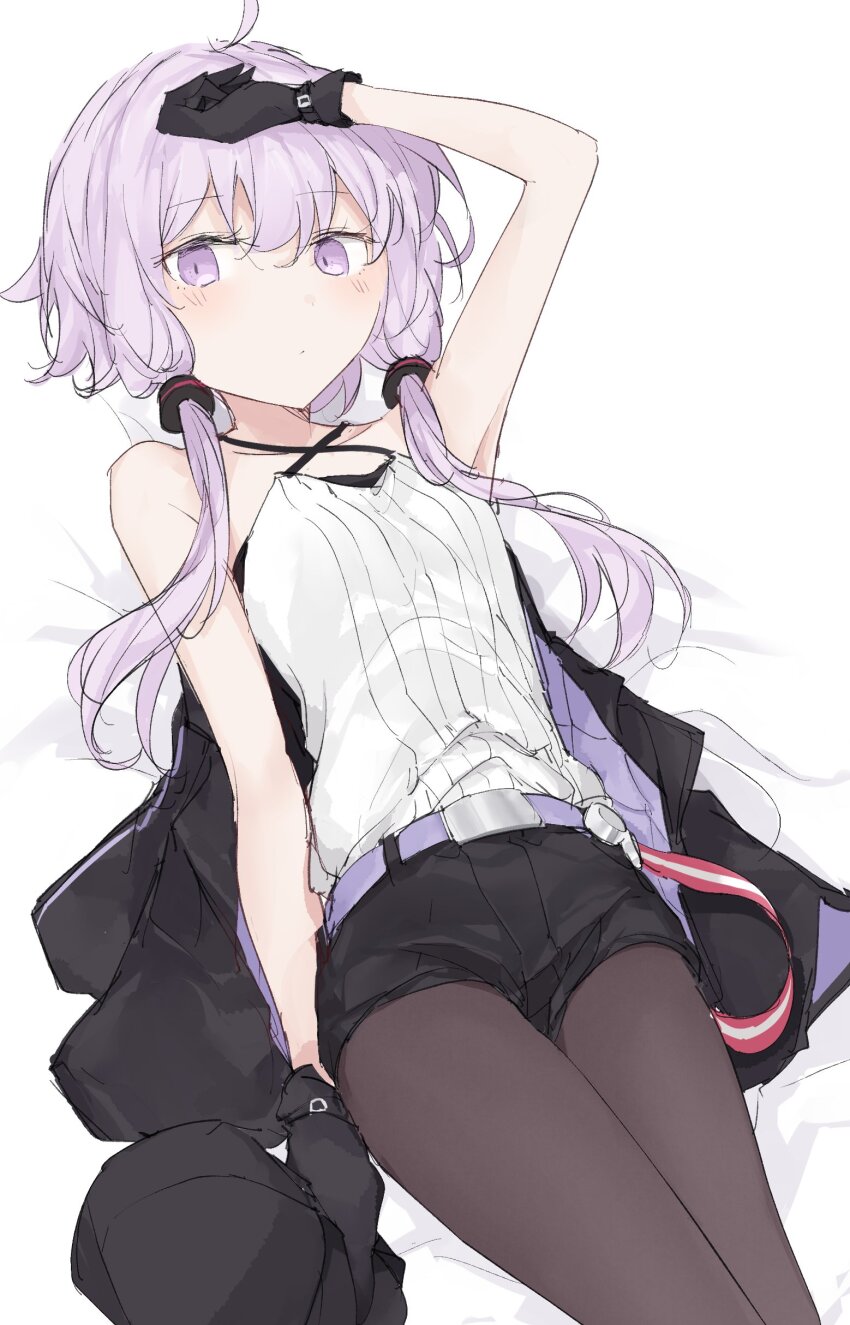 1girl, a.i._voice, absurdres, ahoge, arm_up, bare_shoulders, belt, black_gloves