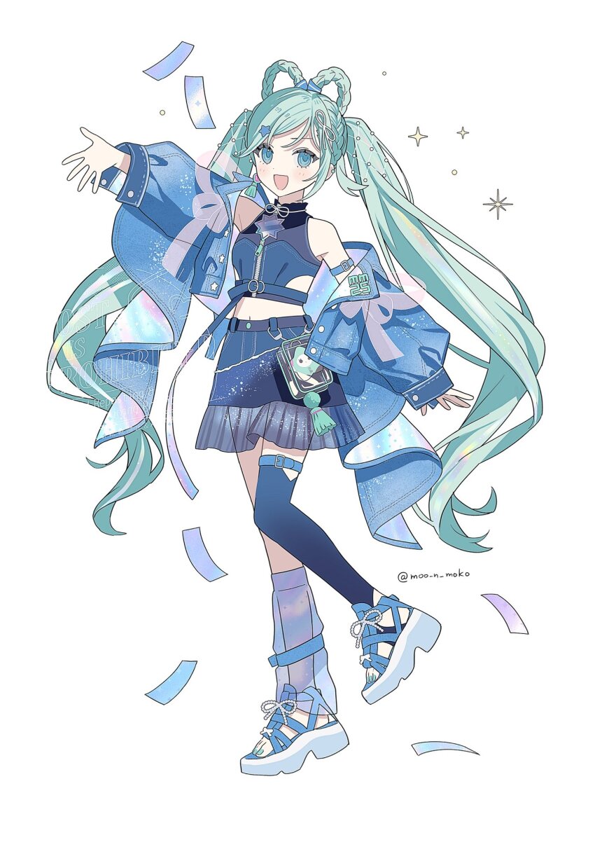 1girl, arm_up, asymmetrical_legwear, blue_skirt, blue_thighhighs, blush, braid, commentary