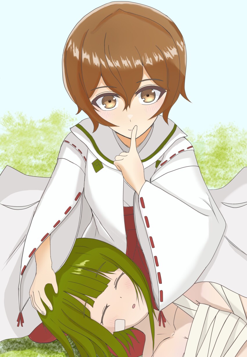 2girls, absurdres, bandage_on_face, bandages, bandaid, bandaid_on_cheek, bandaid_on_face, blunt_bangs