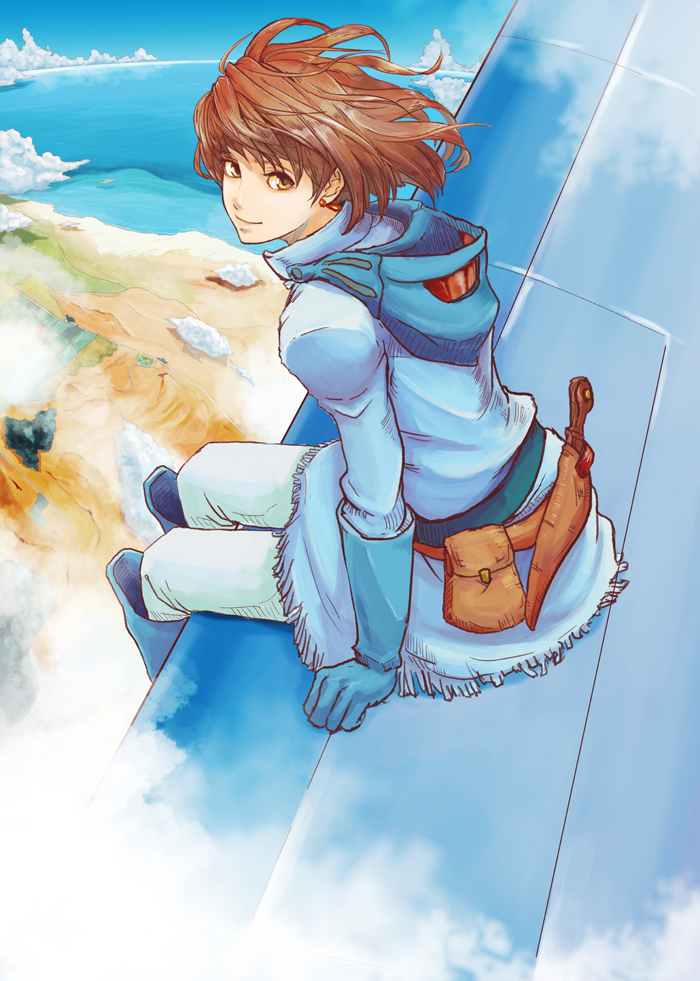 1980s_(style), 1girl, bad_id, bad_pixiv_id, belt, brown_eyes, brown_hair, cloud, day, earrings, female_focus, flying, gloves, hood, jewelry, kaze_no_tani_no_nausicaa, looking_at_viewer, na-naki, nausicaa, ocean, retro_artstyle, sheath, sheathed, short_hair, sitting, sky, solo, studio_ghibli, water, weapon