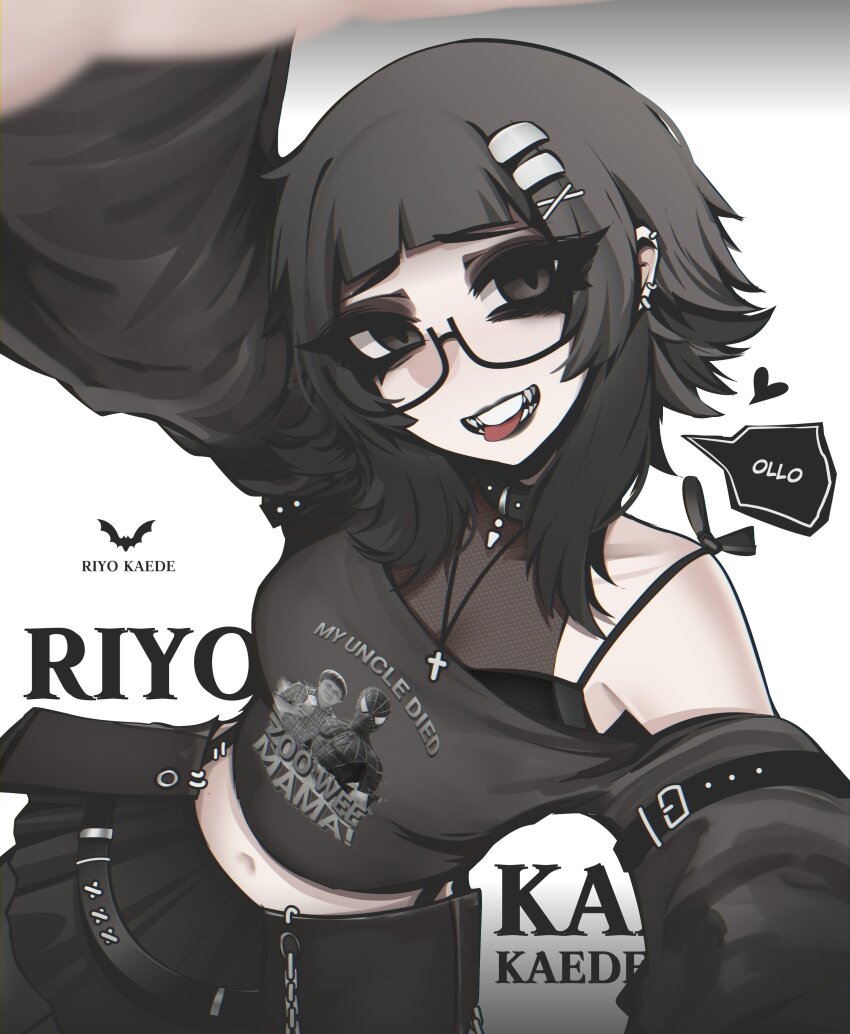 1girl, absurdres, arm_out_of_frame, arm_up, biting_own_tongue, black-framed_eyewear, black_bra, black_choker, black_eyes, black_hair, black_lips, black_shirt, black_skirt, blunt_bangs, blurry, blurry_foreground, bra, breasts, character_name, character_print, choker, clothes_writing, commentary, cross, cross_necklace, ear_piercing, eyelashes, glasses, hair_ornament, hairclip, heart, highres, jewelry, long_sleeves, looking_at_viewer, medium_hair, midriff, mikuneki, navel, necklace, original, parallel_hairclips, piercing, riyo_kaede_(mikuneki), rowley_jefferson, semi-rimless_eyewear, shirt, single_bare_shoulder, skirt, smile, solo, speech_bubble, spider-man, spider-man_(original_suit), teeth, tongue, tongue_out, under-rim_eyewear, underwear, white_background, x_hair_ornament