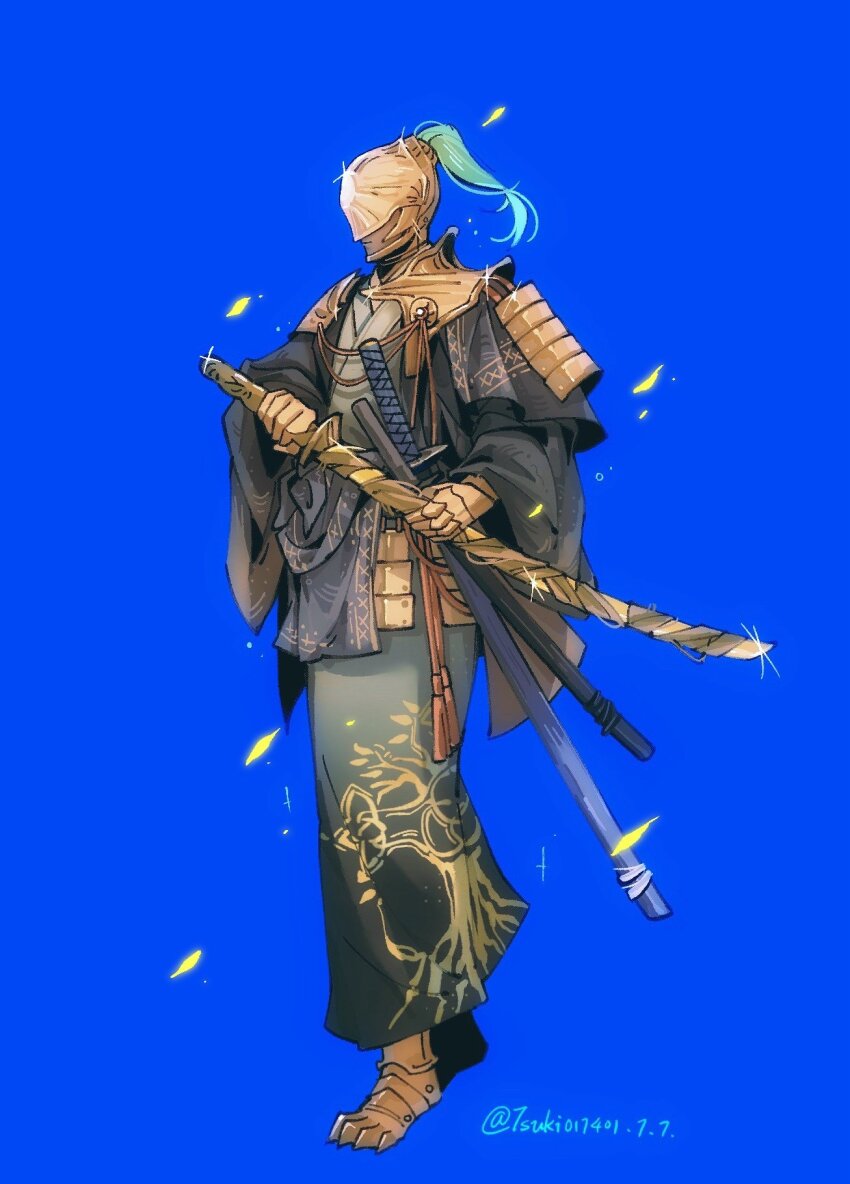 1boy, armor, blue_background, covered_eyes, elden_ring, elden_ring_nightreign, executor_(elden_ring), falling_leaves