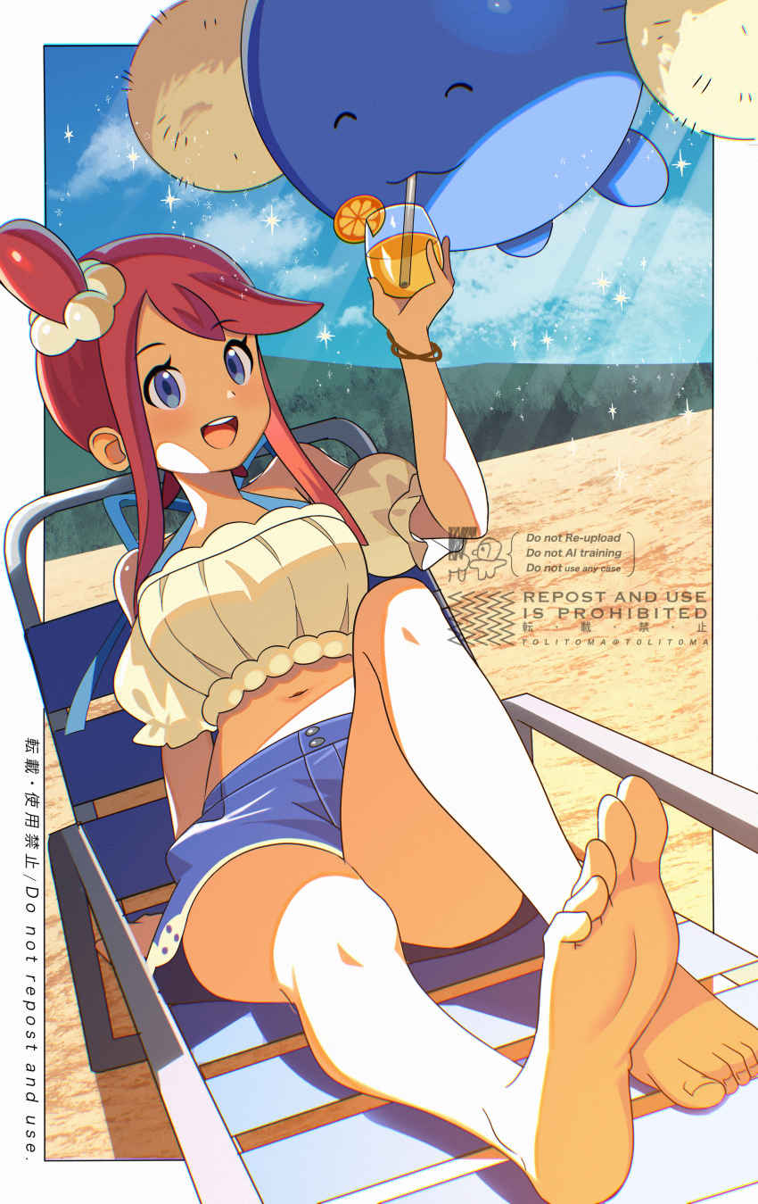 1girl, =_(9_yawbus), absurdres, bare_legs, barefoot, beach, beach_chair, bikini