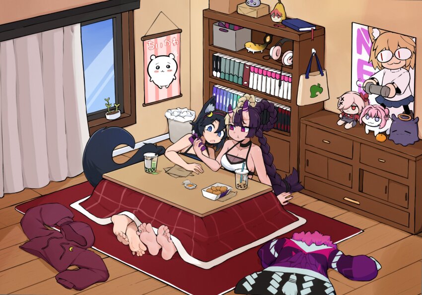 2girls, animal_ear_fluff, arm_support, ayaka_(charismabard), barefoot, black_choker, black_hair, blue_eyes