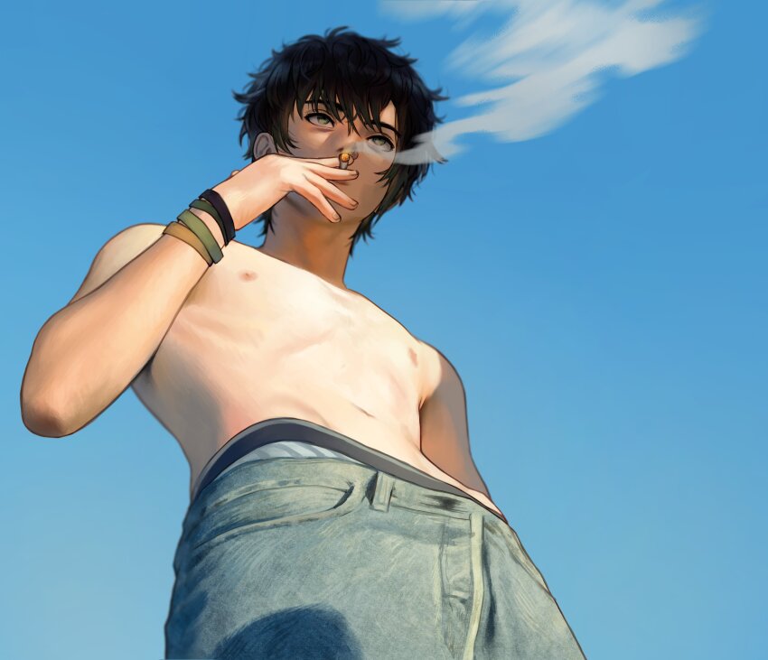 1boy, absurdres, black_hair, blue_background, bracelet, cigarette, commentary, denim, english_commentary, from_below, green_eyes, highres, jeans, jewelry, male_focus, male_underwear, male_underwear_peek, mark_berskii, navel, nifast_(greentail), nipples, pants, project:_eden's_garden, short_hair, skinny, smoke, smoke_trail, smoking, solo, topless_male, underwear