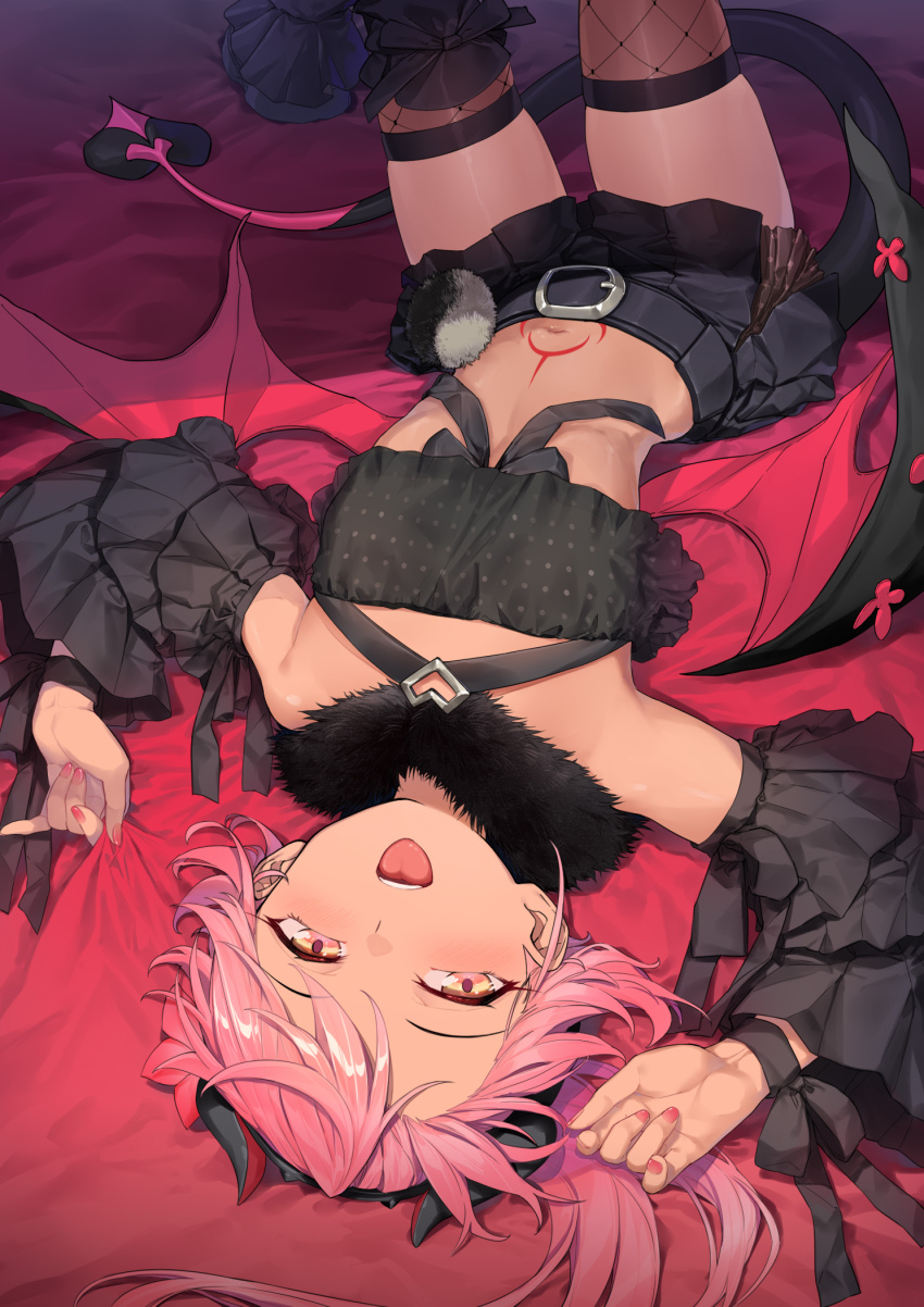 1girl, blush, breasts, chloe_von_einzbern, chloe_von_einzbern_(celebratory_attire), coffeekite, dark-skinned_female, dark_skin, fate/grand_order, fate_(series), highres, long_hair, looking_at_viewer, lying, navel, on_back, open_mouth, orange_eyes, pink_hair, sidelocks, small_breasts, solo, stomach_tattoo, tattoo