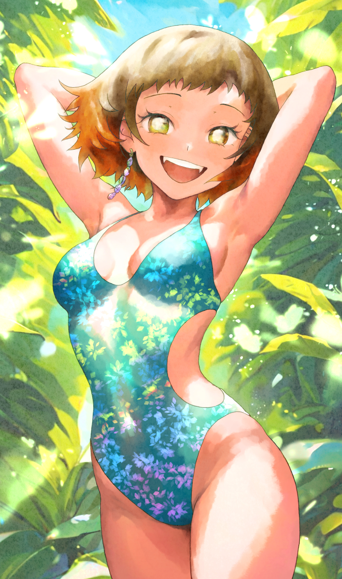 1girl, arms_up, blue_one-piece_swimsuit, blue_sky, breasts, brown_hair, day, earrings