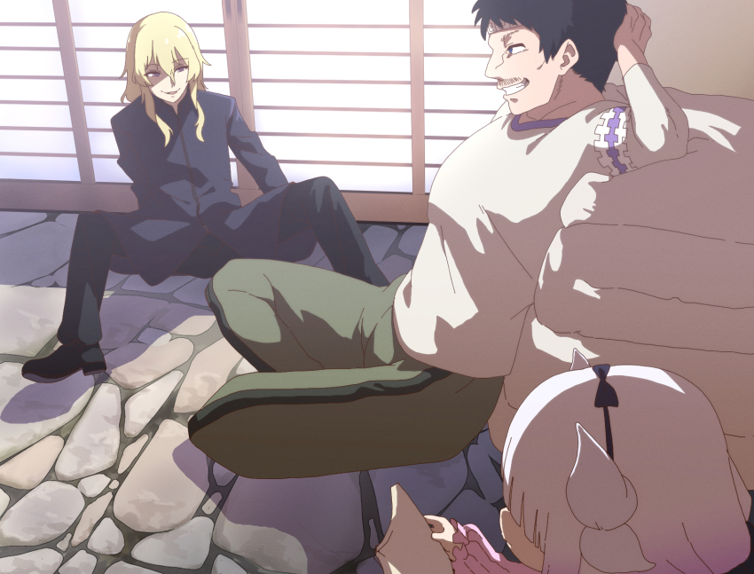 1girl, 2boys, azad_(maidragon), black_hair, black_pants, black_shirt, black_shoes, blonde_hair, closed_mouth, cobblestone, commentary_request, facial_hair, fuka_(kantoku), full_body, green_pants, grin, highres, horns, indoors, kanna_kamui, kimun_kamui_(maidragon), kobayashi-san_chi_no_maidragon, long_hair, looking_at_another, manatsu_no_yo_no_inmu, multiple_boys, mustache, open_mouth, pants, purple_eyes, reading, shaded_face, shirt, shoes, short_hair, shouji, sitting, sliding_doors, smile, white_hair, white_horns, white_shirt