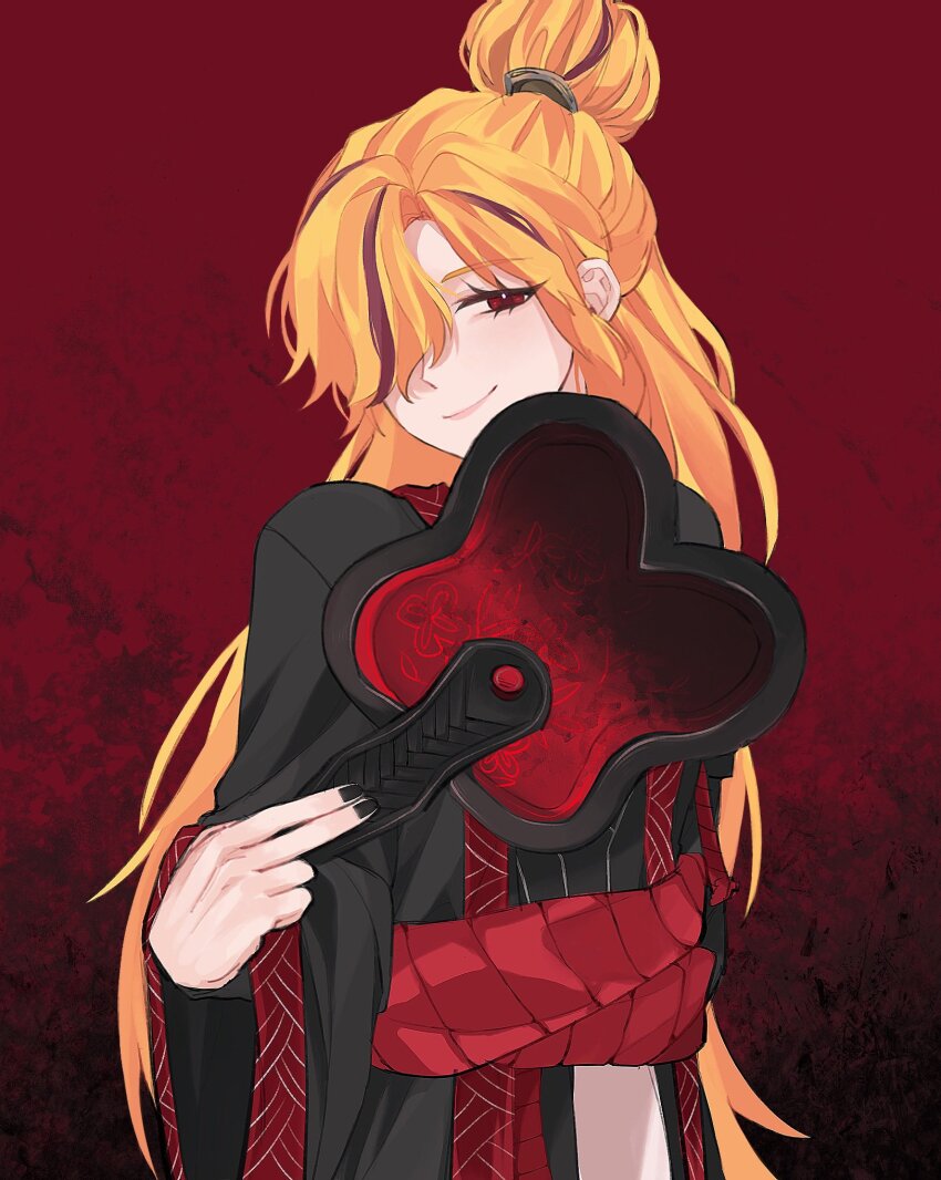 1girl, black_hanfu, black_nails, blonde_hair, chinese_clothes, cosplay, don_quixote_(project_moon), hand_fan, hanfu, highres, holding, holding_fan, limbus_company, long_hair, long_sleeves, looking_at_viewer, project_moon, red_background, red_eyes, red_sash, red_streaks, red_trim, sash, simple_background, solo, ss0_520, standing, upper_body, zigong_(project_moon), zigong_(project_moon)_(cosplay)