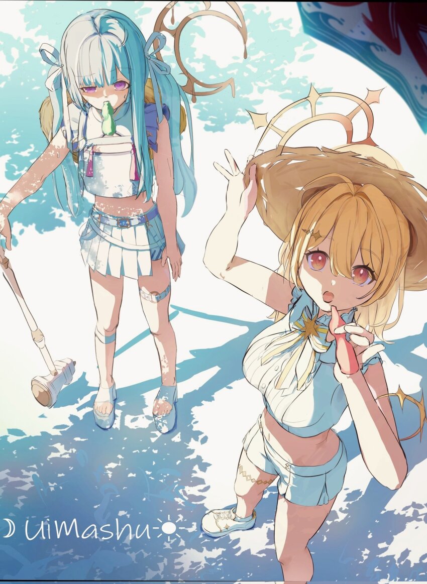 2girls, ahoge, amaui, amaui_(2nd_costume), blonde_hair, blue_hair, blunt_bangs, botan_(oacdrykafjf3g3d)