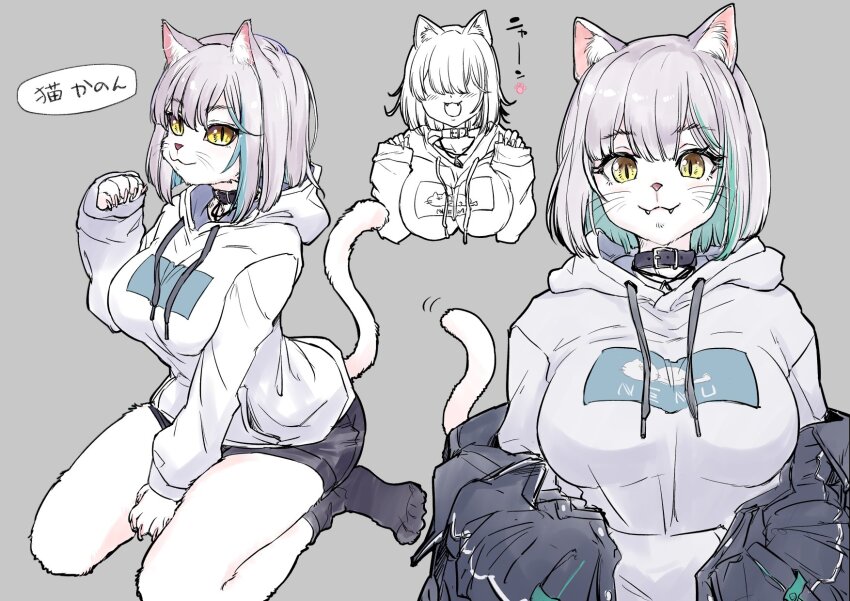 1girl, :3, animal_ear_fluff, animal_ears, black_shorts, black_socks, blue_hair, breasts