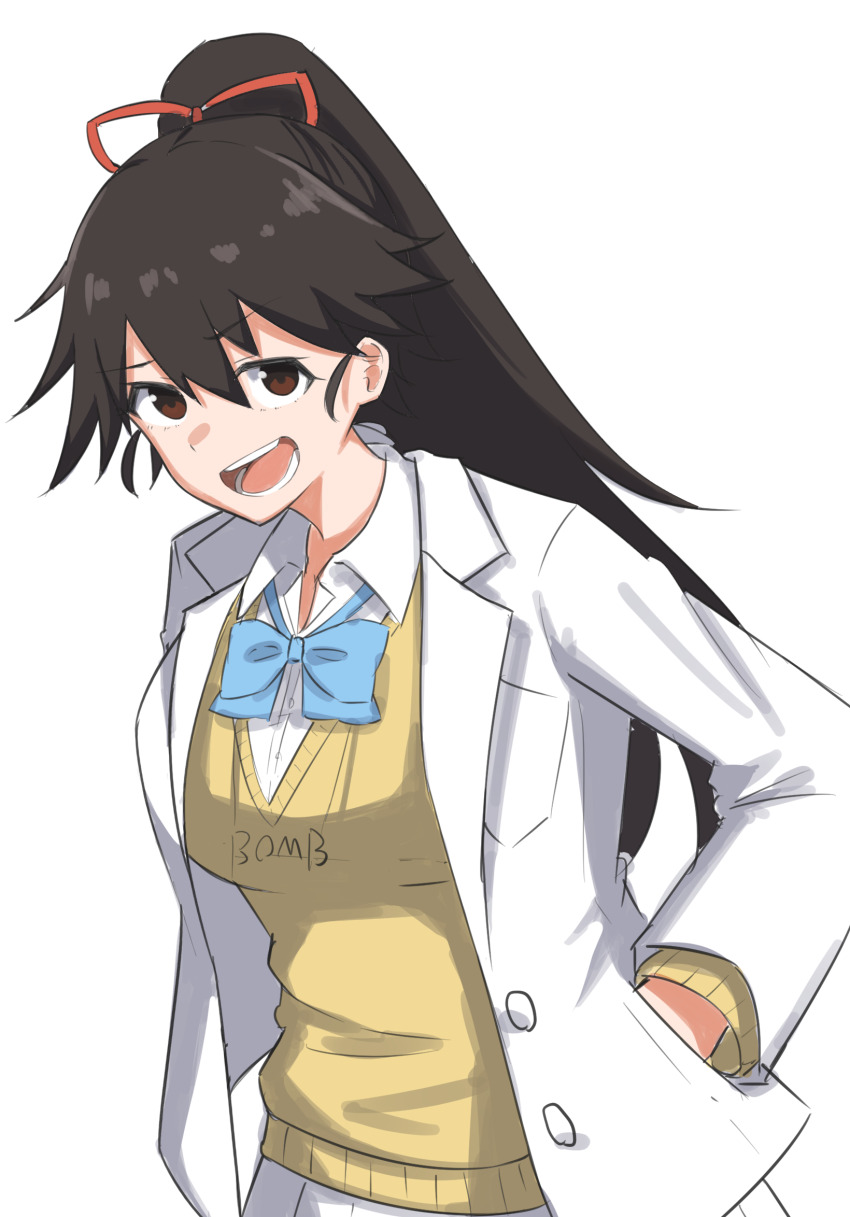 1girl, alternate_costume, bambietta_basterbine, black_hair, bleach, bleach:_sennen_kessen-hen, blue_bow, blue_bowtie